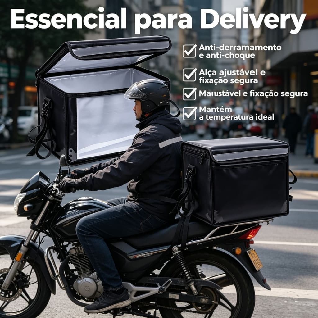 Bolsa Térmica Motoboy Impermeável com Compartimento Frontal e Divisória 32/48/62 Litros