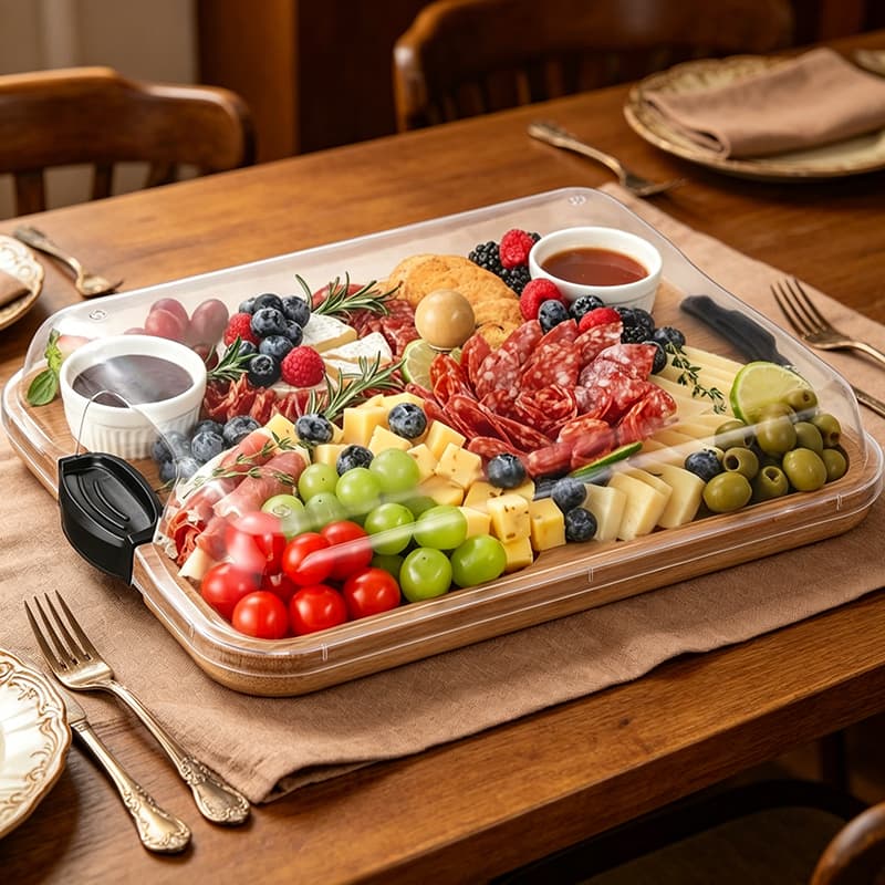 Bandeja Grande de Bambu com Tampa com Travas Tabua Para Servir e Conservar Frios Petiscos Queijos