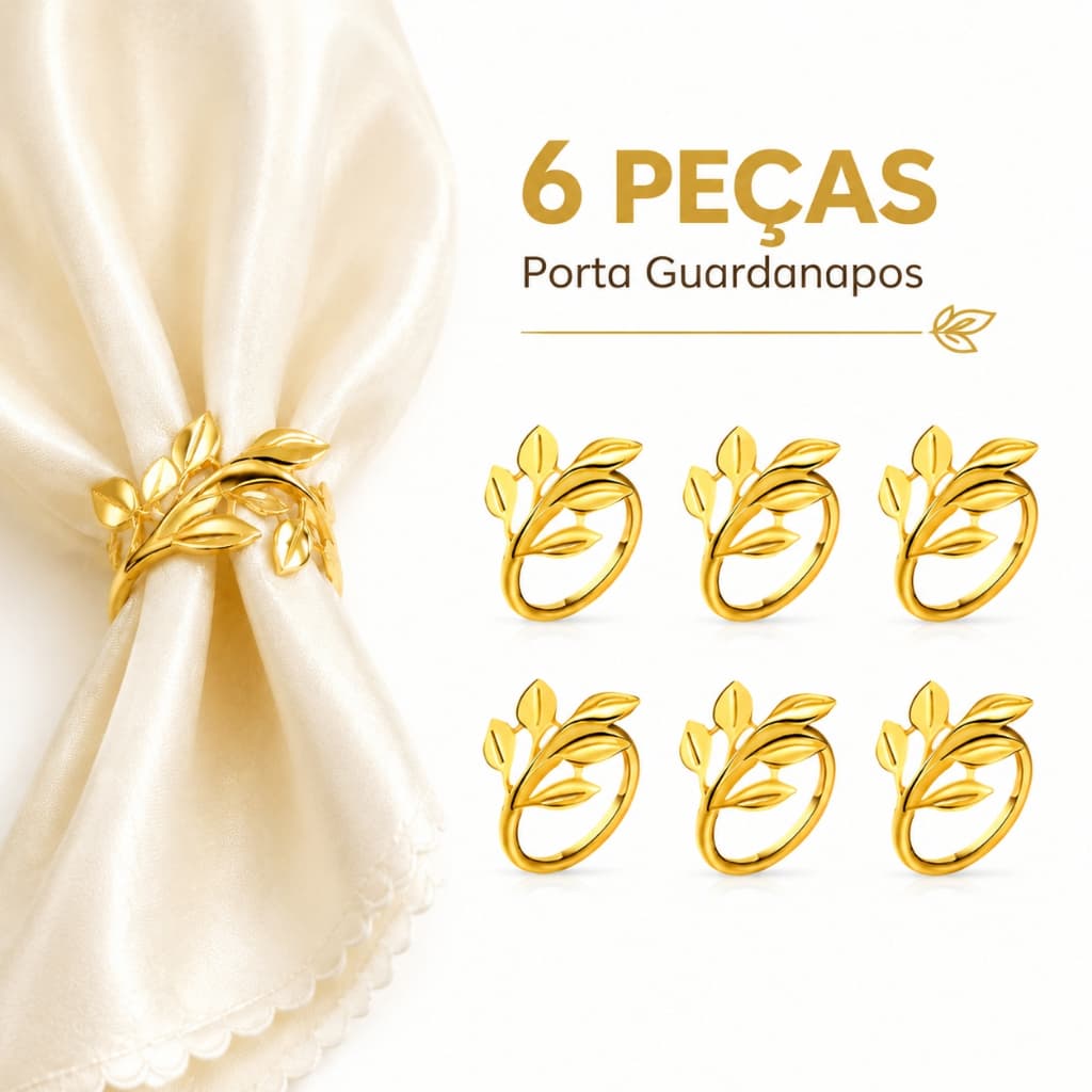 Kit 6 porta guardanapos - anéis de guardanapos de metal Folhas / ramos dourado