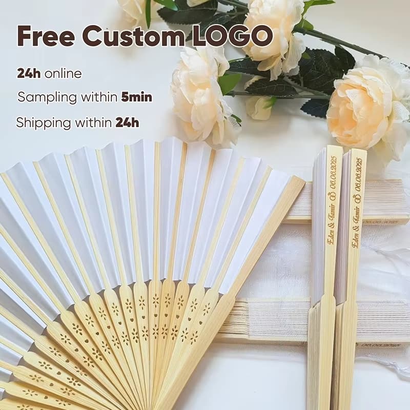 1 PCS Leque De Seda Feito À Mão Gravado Personalizado Grátis Para Presente De Festa De Jardim De Casamento Leques De Cos