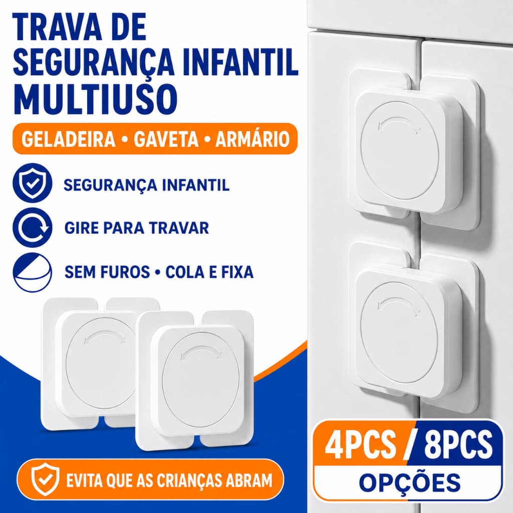 Trava de Segurança Infantil Rotativa Adesiva Sem Furar para Geladeira Gaveta e Armário