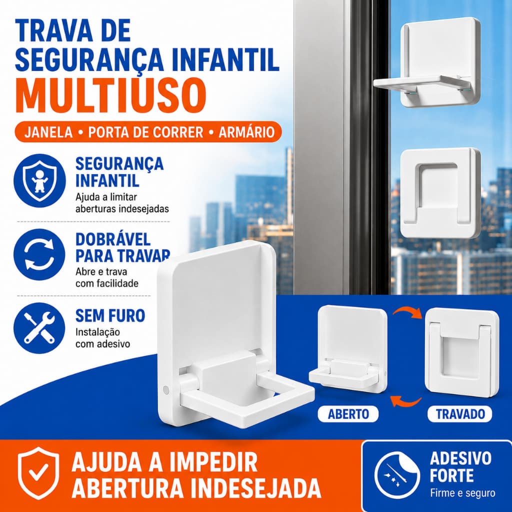 Trava de Janela Infantil Dobrável Adesiva Sem Furar para Porta Janela Deslizante Gaveta e Armário