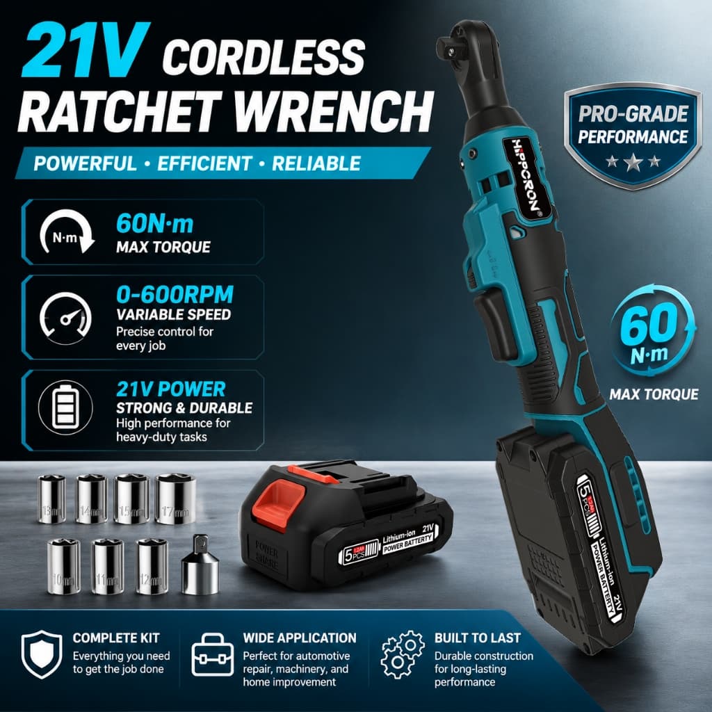 Chave De Catraca Elétrica Sem Fio 21V 60Nm Power Ratchet 3/8 " Drive Com Conjunto De Soquete