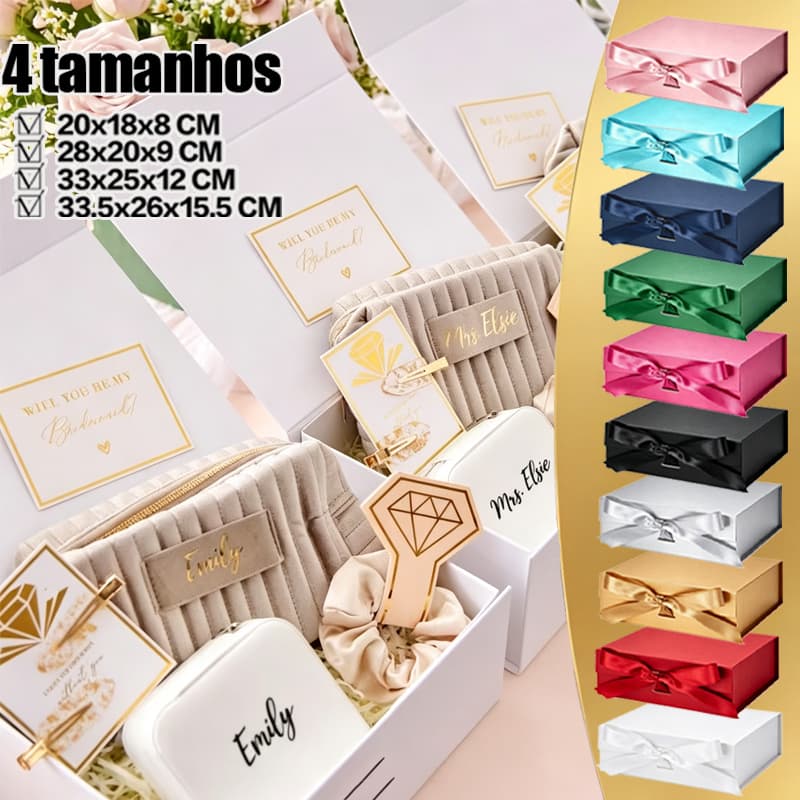 Caixa Presente Dobrável com Ímã/Magnético e Fita Cetim - Papel Resistente para Aniversário/Casamento