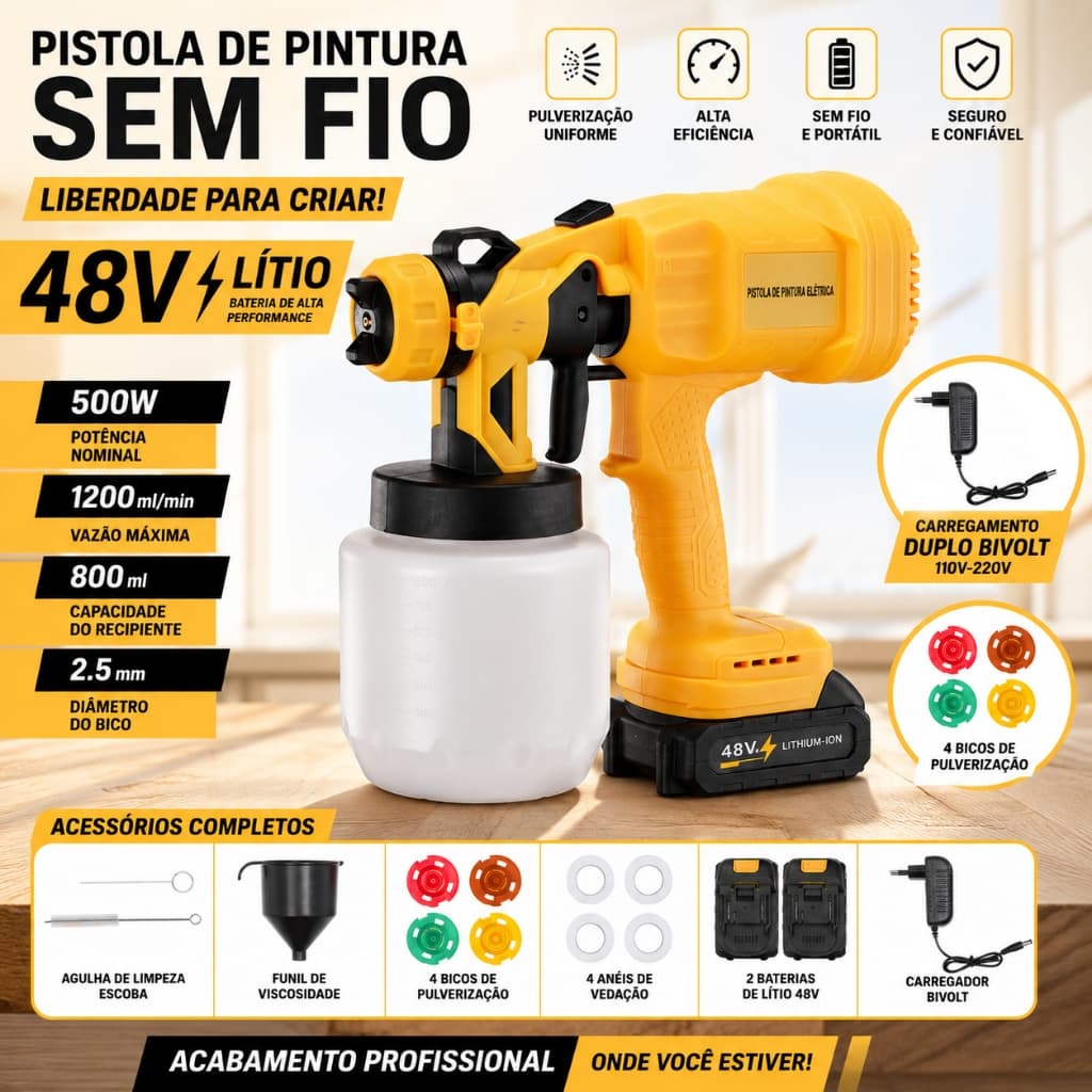 Pistola de Pintura Pulverizador Elétrico 48V Alta Capacidade, Versão com Dupla Bateria e Kit Completo de Acessórios
