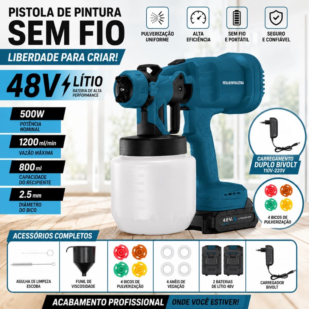 Pistola de Pintura Elétrica Com Fio/Sem Fio Ampla Cobertura de Pulverização, Uso Residencial e Obra Profissional