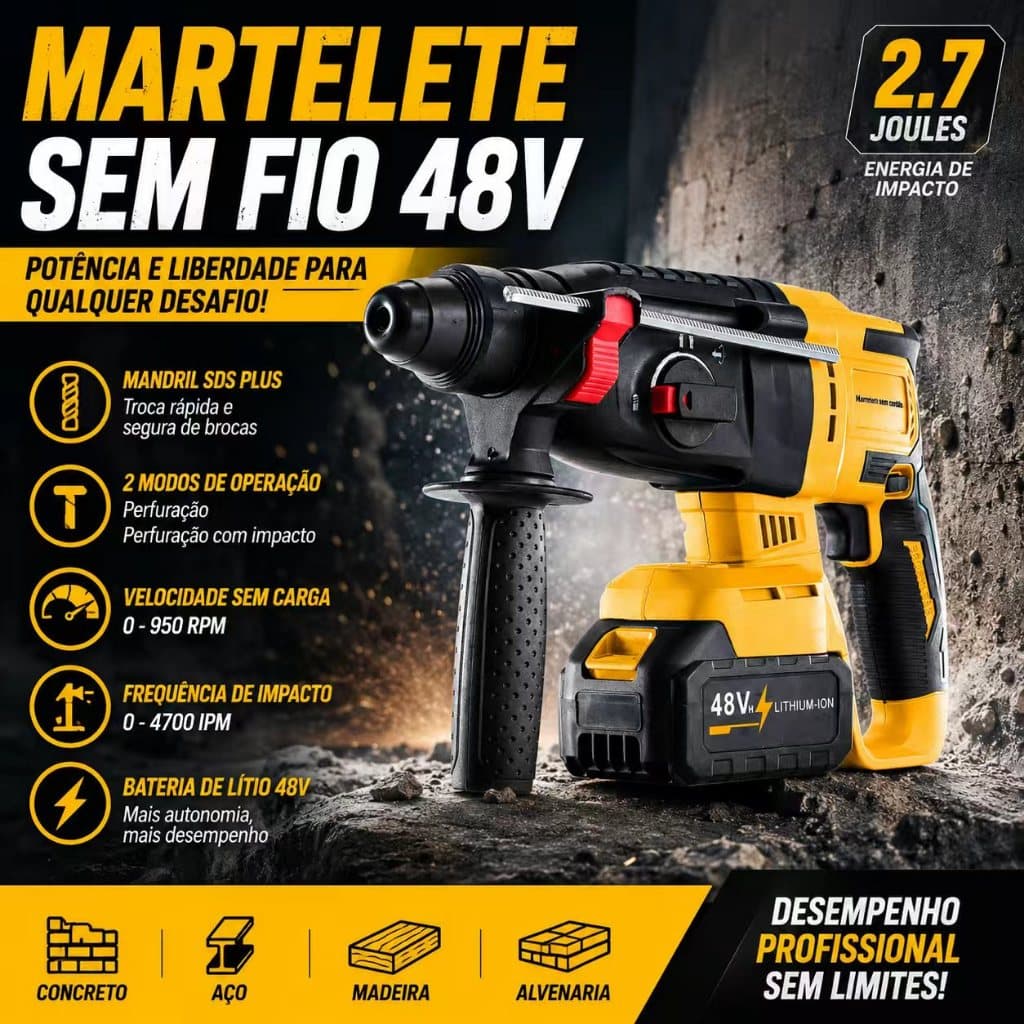 Martelete Perfurador Rompedor Martelo Rotativo Leve Sem Fio De Lítio Recarregável Tipo 26 48V , Versão De Bateria Dupla
