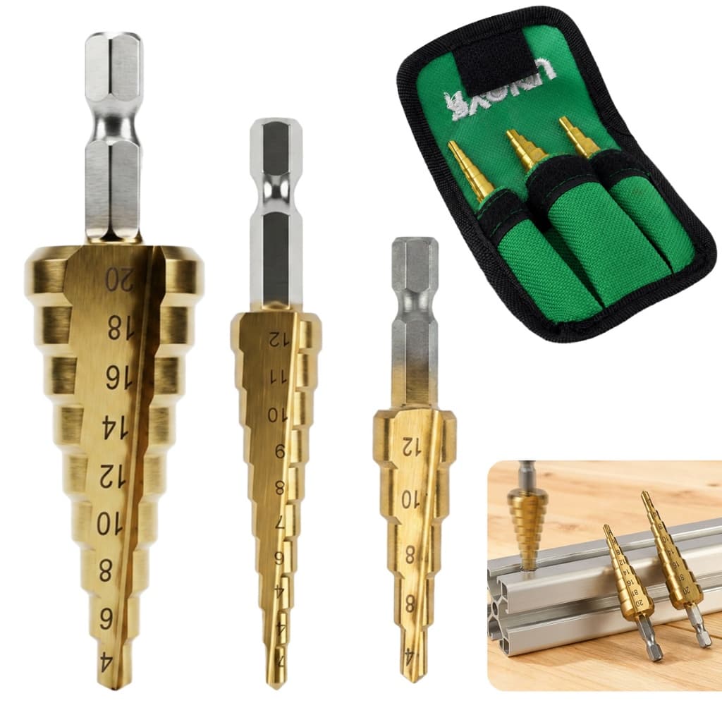 Conjunto RYOKU De 3 Brocas Escalonadas De Titânio – 3-12 Mm , 4 E 4-20 Para Perfuração De Metal