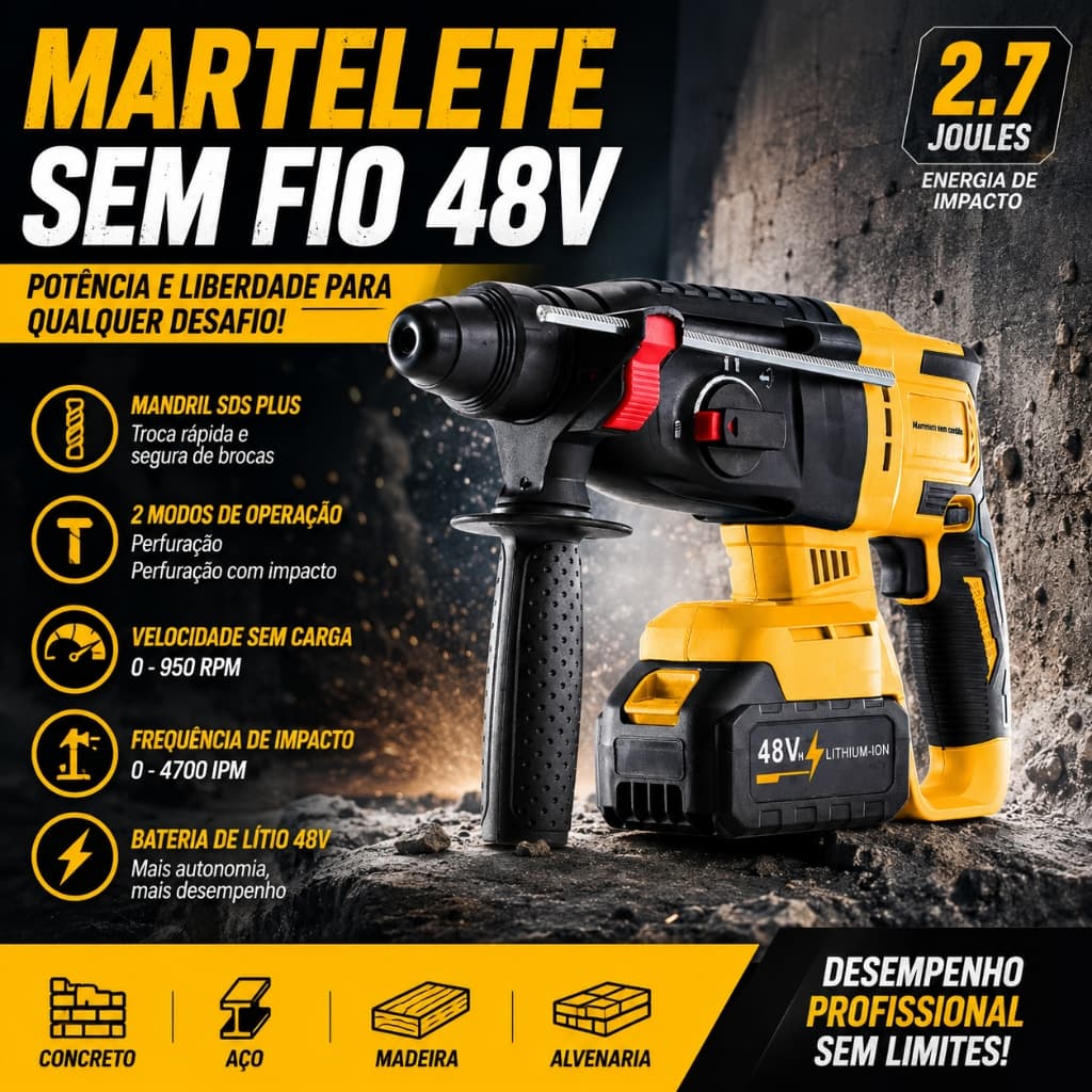 Martelete Perfurador Rompedor, Martelo Elétrico Impactante Alta Potência 48V Duas Baterias, Uso Profissional, Portátil