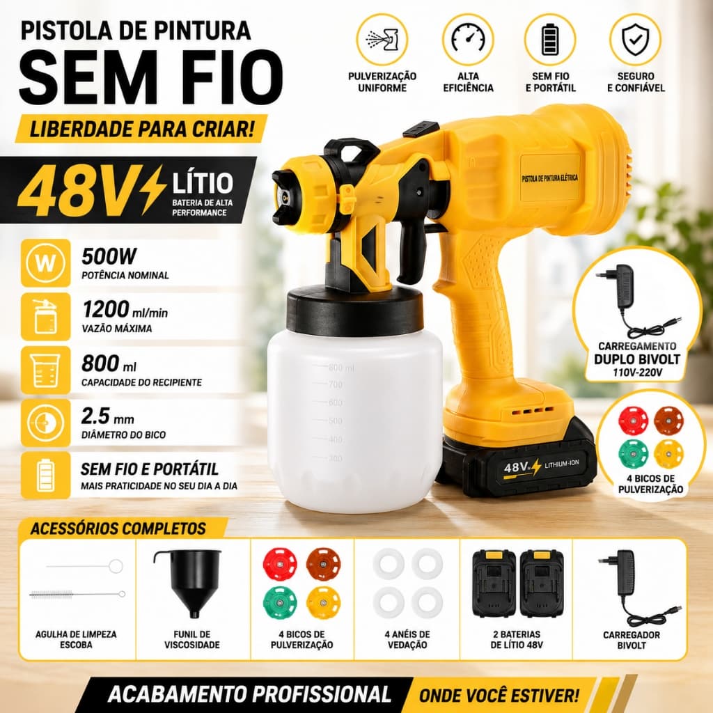 Pistola de Pintura Pulverizador Elétrico Portátil com 2 Baterias 48V Litio Sem Fio