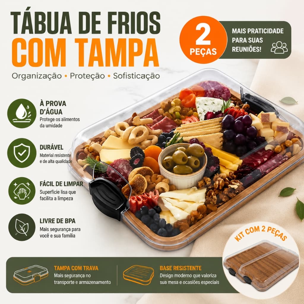 Bandeja grande de bambu com tampa com travas – tabua para servir e conservar frios queijos petiscos