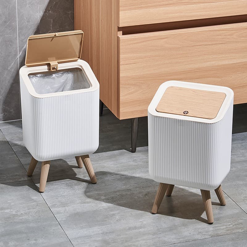 HAOSIN Lixeira Decorativa 9L com Tampa Pressão Base em Bambu Design Simples para Banheiro e Sala