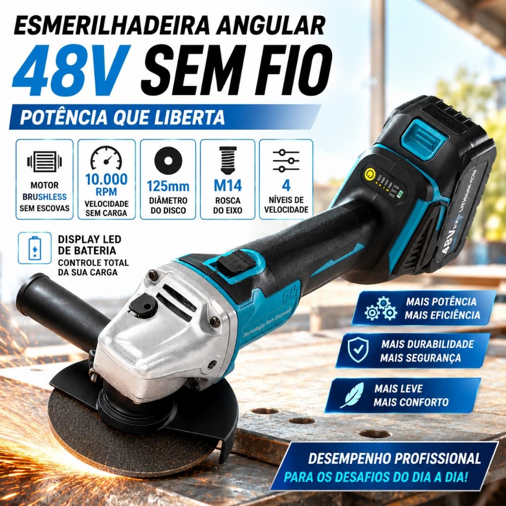 Esmerilhadeira sem escova azul 48V | Kit sem fio com duas baterias e acessórios completos