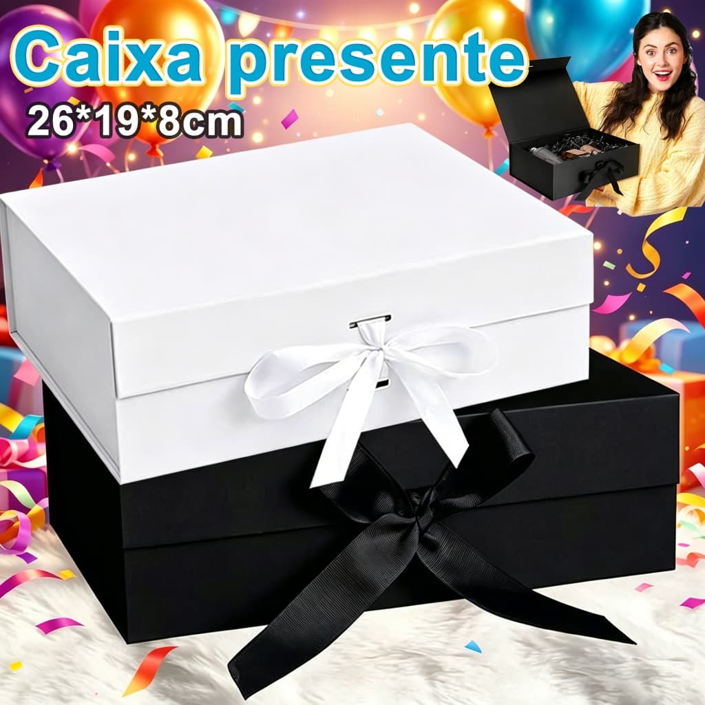 caixa de presente dobrável rígida preta de 26*19*8cm com ímã, branco opcional da cor do cetim,Flip flip caixa de present