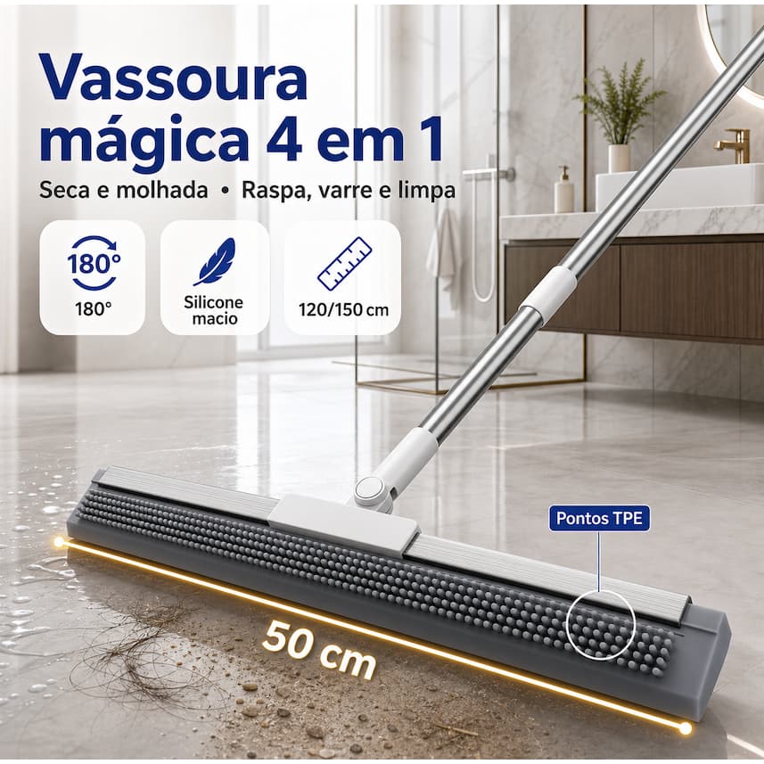 Mop Mágico Rodo Limpa Piso 50cm Silicone TPE Banheiro Cozinha Sala Janela 120/150cm