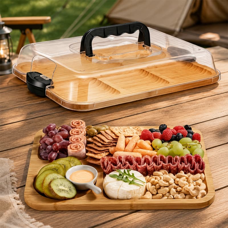 Bandeja de Bambu com Tampa Acrílica e Travas Tábua para Frios Queijos e Petiscos