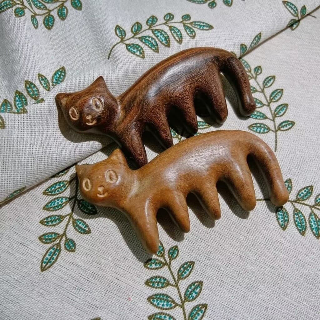 Pente De Gato Fofo De Sândalo Feito À Mão Portátil Antiestático Para Casa Natural Desenho Animado Massagem Cabeça Terapi