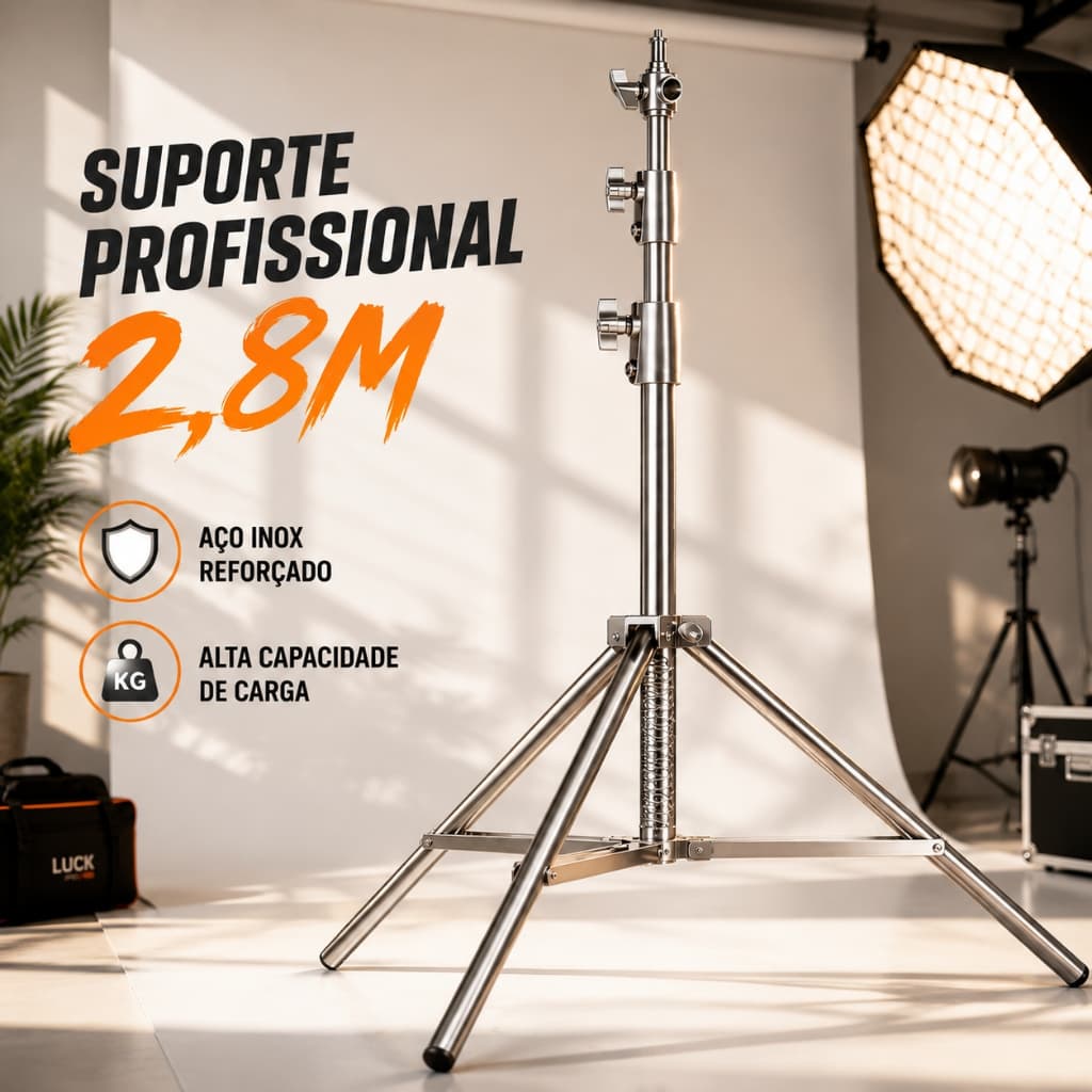 Tripe Iluminacao Profissional Estúdio Foto/vídeo Inox 2,8m Prata com Bolsa Design Dobrável