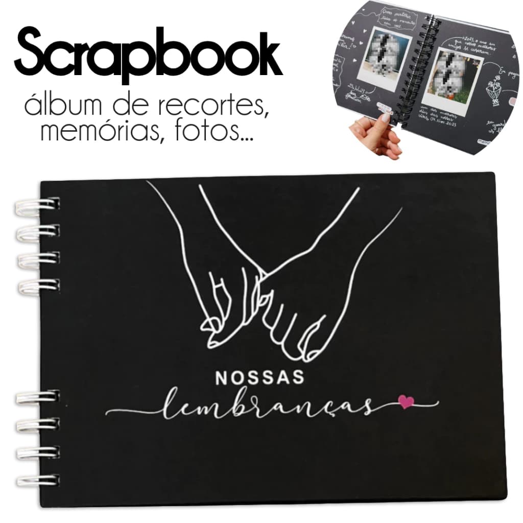 Álbum de Fotos Scrapbook com Capa Personalizada, Folhas Pretas 180g, Preto, Tamanho 21,5cm x 15cm