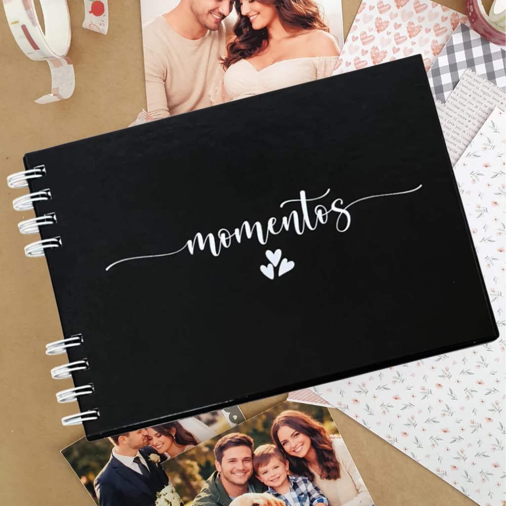 Álbum de Fotos Scrapbook com Capa Personalizada, Folhas Pretas 180g, Preto, Tamanho 21,5cm x 15cm