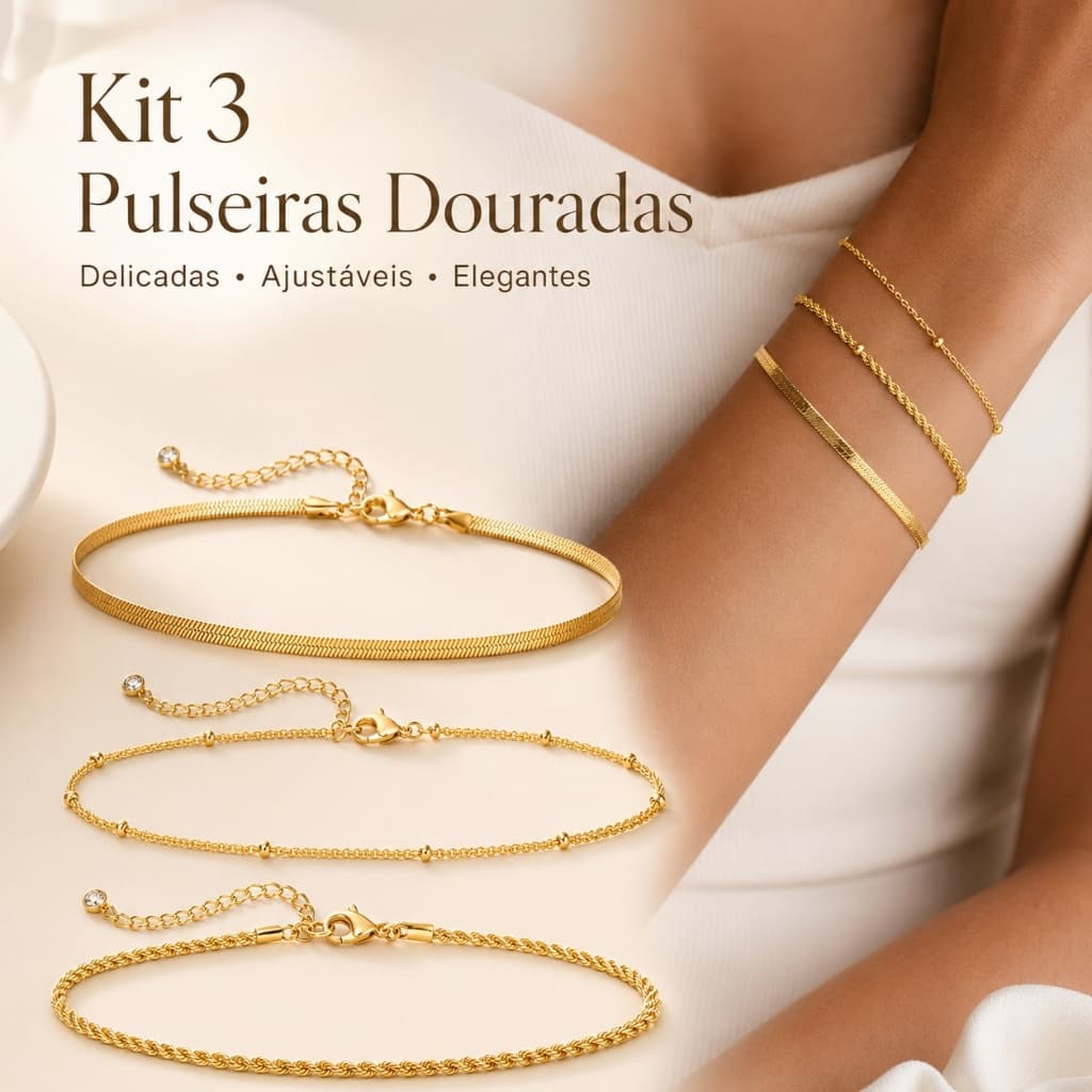 Kit 3 Pulseiras SEMI JOIA Banhada Ouro 18k Cordão Baiano Fio Liso Metalizada Conjunto Pulseira Feminina de bolinha