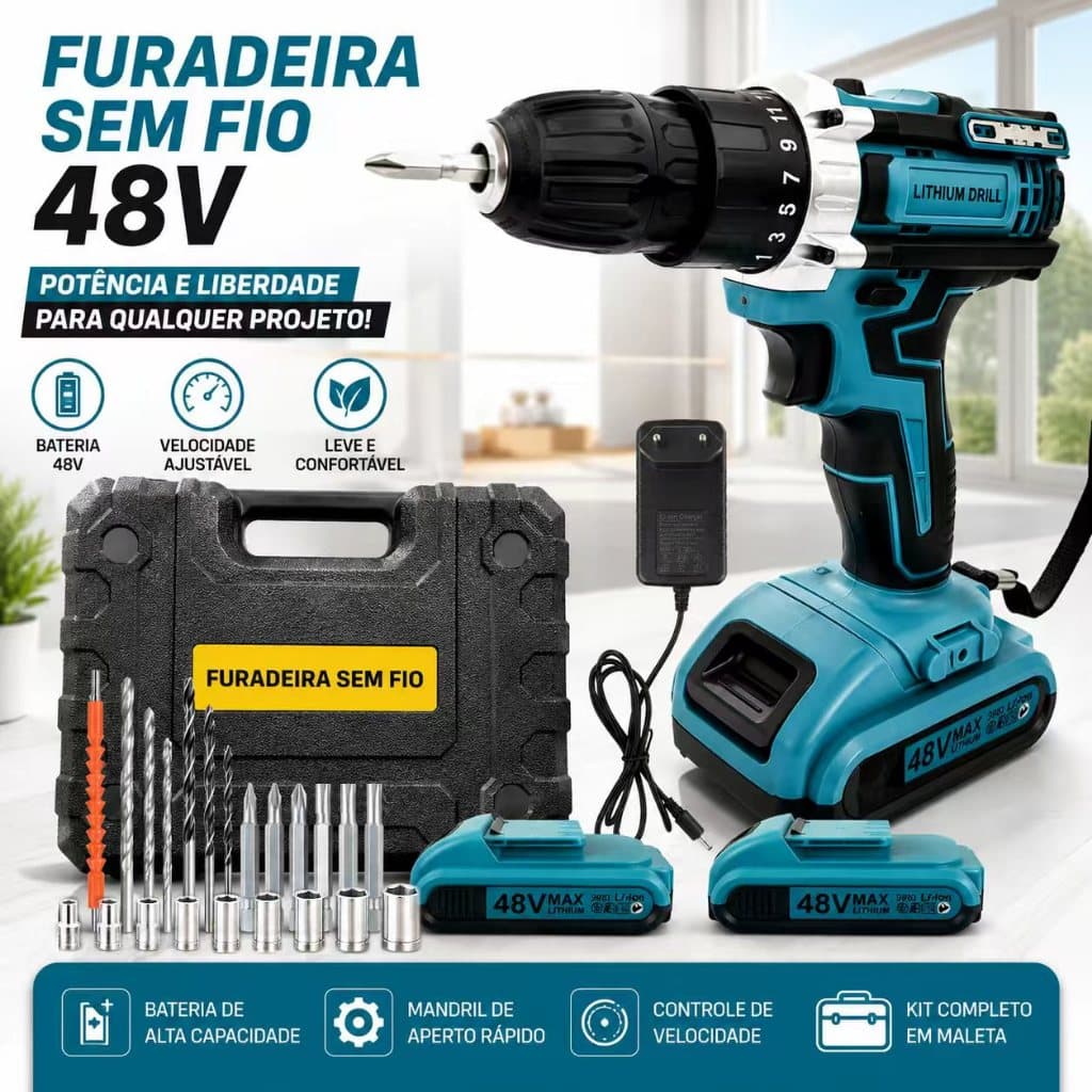 Parafusadeira Furadeira 48V Bateria Lítio Recarregável Kit Chave De Fenda Dupla Duas Cores