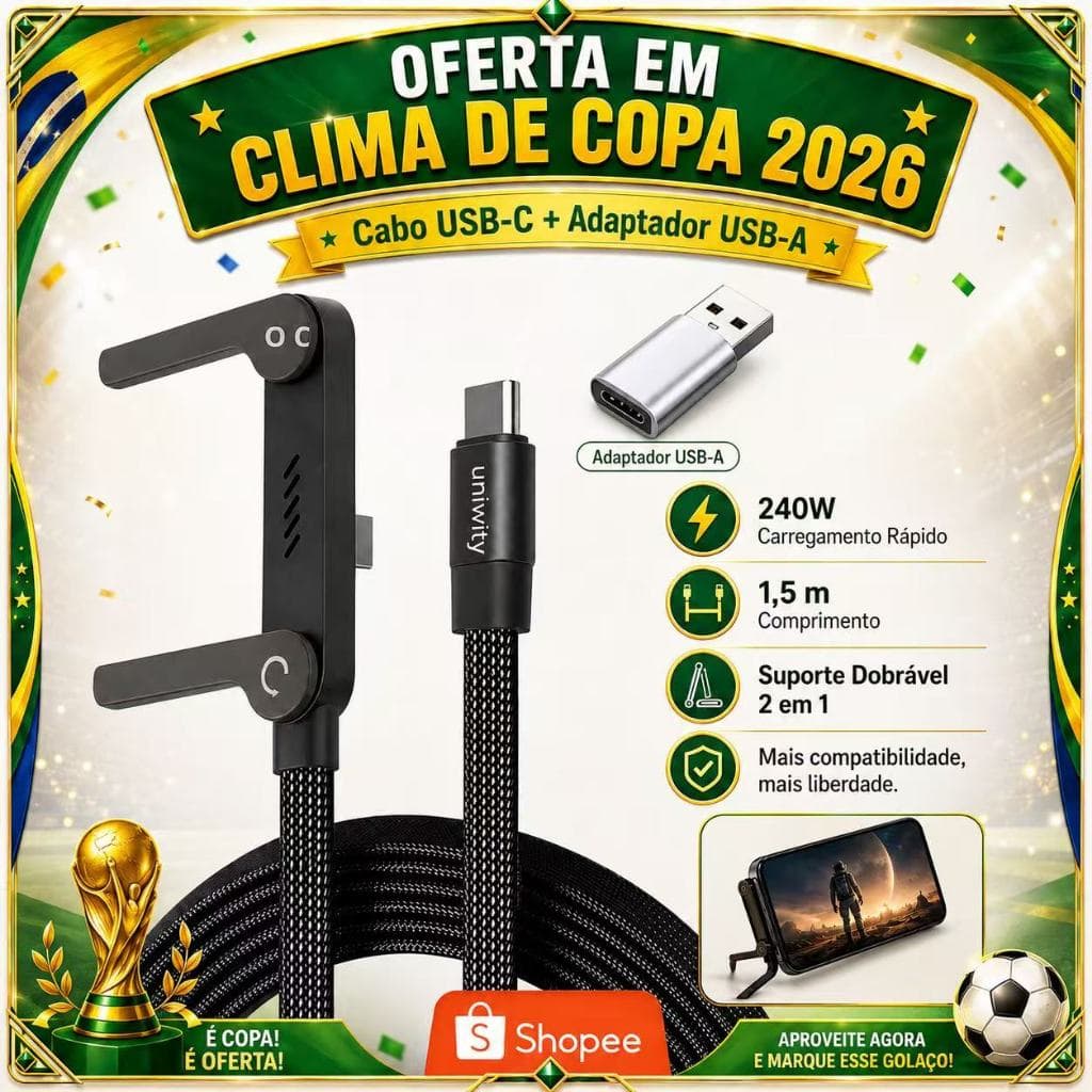 Cabo USB-C 240W 1,5m com Suporte Dobrável para Celular 2 em 1 para Carregar Jogar e Assistir