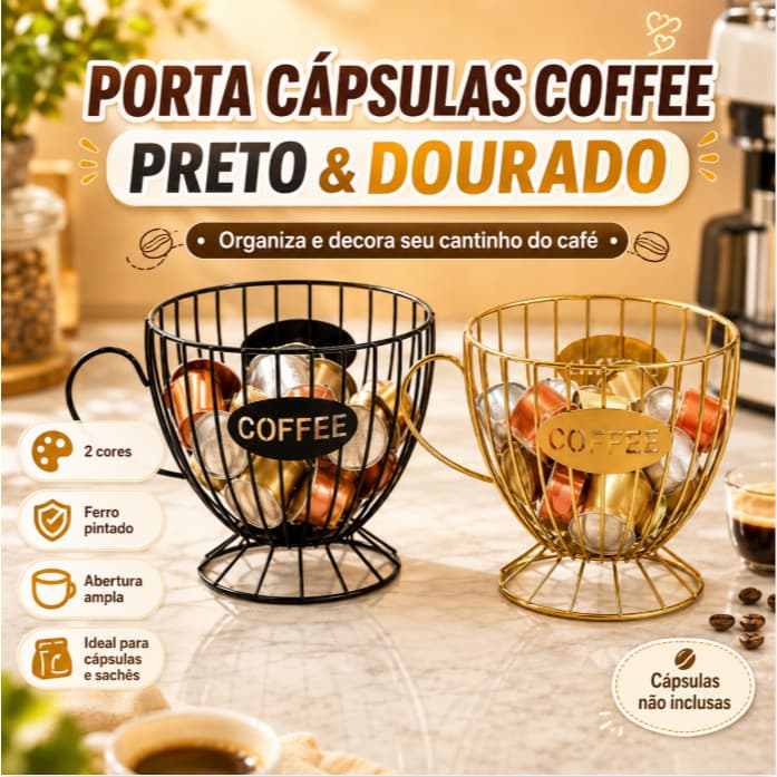 Porta Cápsulas de Café Aramado Xícara Organizador Coffee Preto Dourado Cozinha