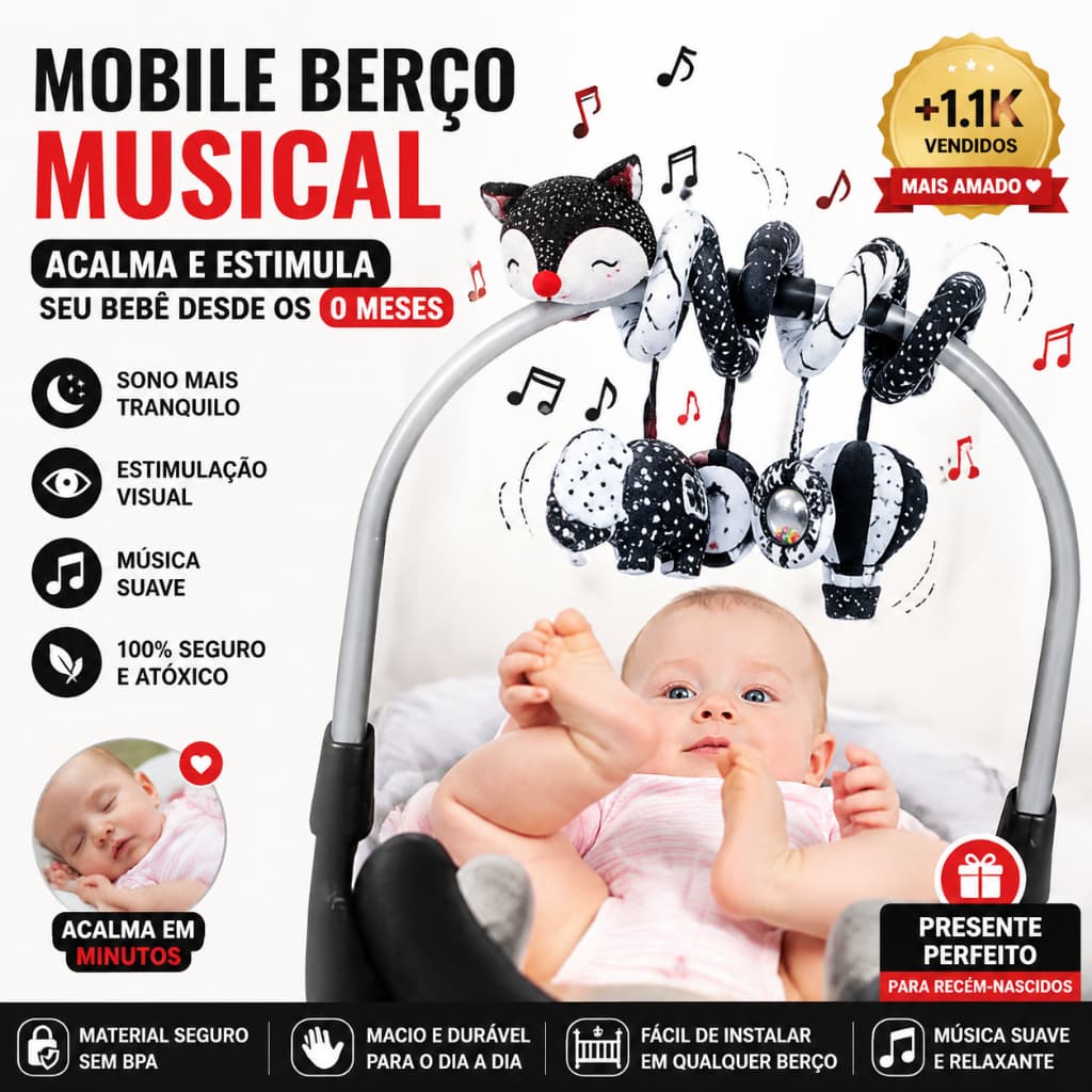 Mobile Berço Bebê Montessori Musical Preto e Branco – Brinquedo Sensorial Recém Nascido