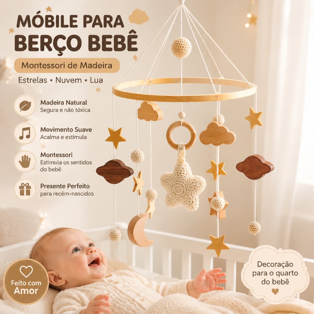 Móbile de Berço Montessori Madeira Nórdico Boho Decoração Quarto Bebê Recém-Nascido