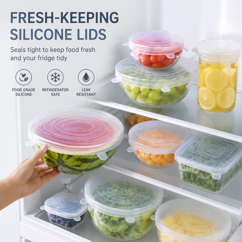 6 Peças Tampas Panela Silicone Universal Reutilizável Elástica, Tampas Silicone Cozinha/Geladeira
