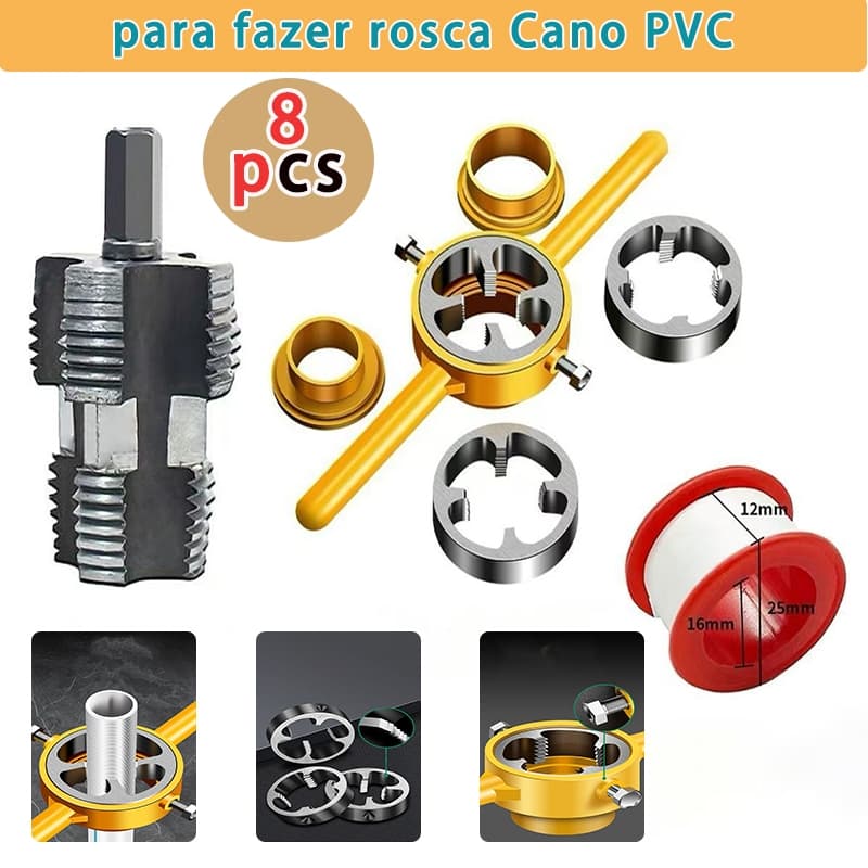Jogo De Tarraxa Para Canos Tubos Pvc 1/2 A 1" Jogo 8 Peças  1/2 3/4 1" polegada