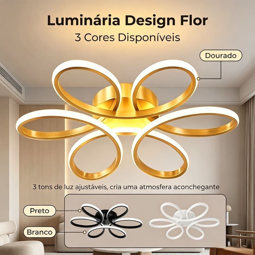 Luminária de Teto LED Formato Flor Regulável 3 Tons de Luz 3 Cores Estrutura Sala Quarto Moderna