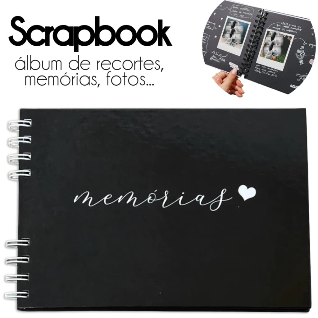 Álbum de Fotos Scrapbook A5, Folhas Pretas 180g, Tamanho 21,5cm x 15cm