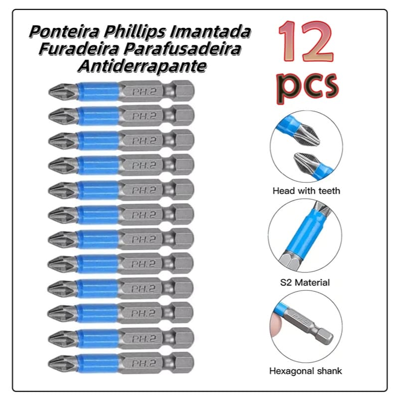 12 Peças  Anti-Derrapante -Jogo de Bits de Chave Phillips Magnético Impacto