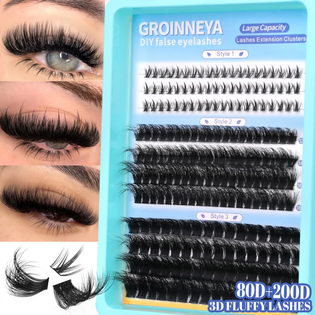 GROINNEYA DIY Cluster Cílios 80D + 200D 3D Fofos Postiços Individuais Com Inferiores Extensões De Volume De Grande Capac