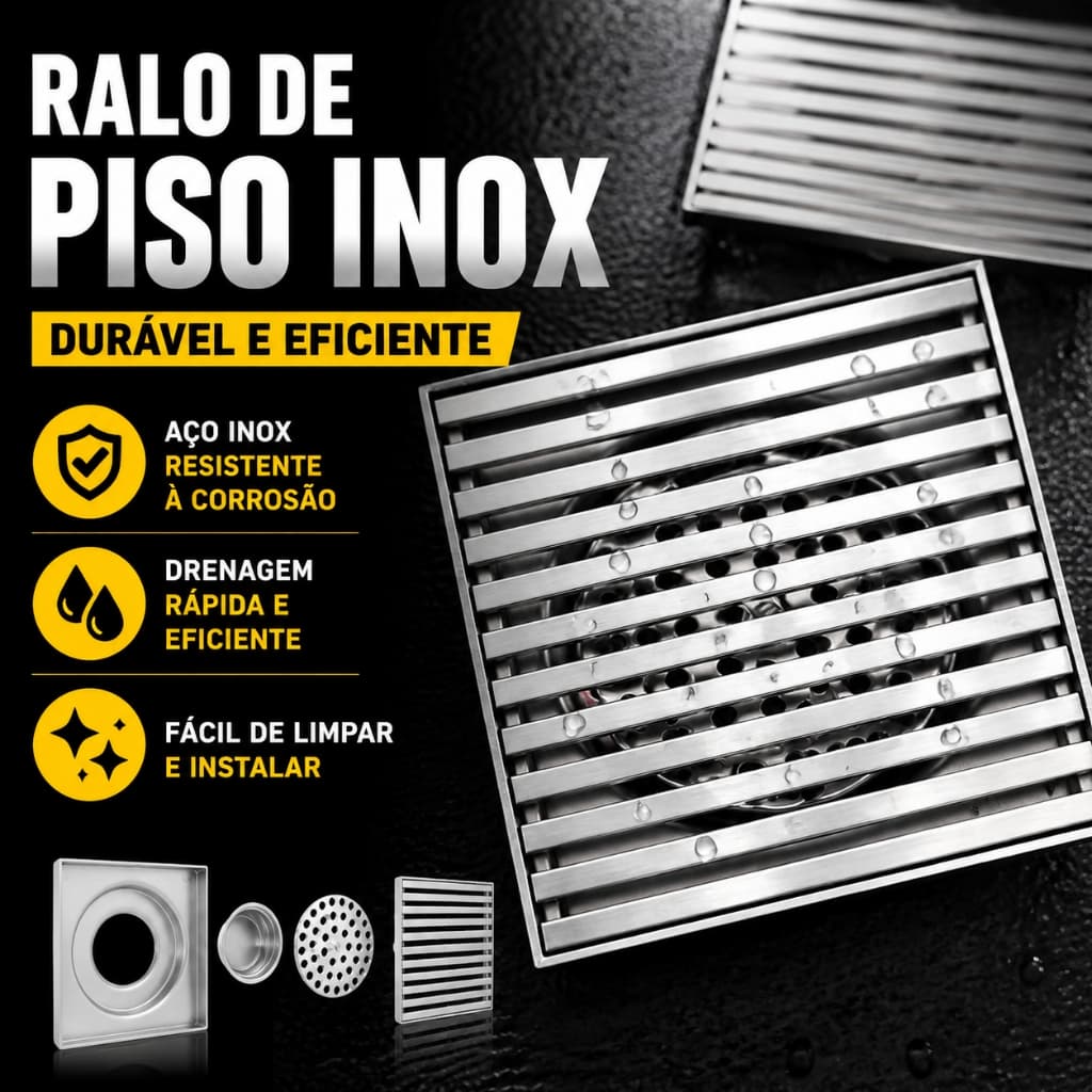 Ralo de Piso Inox 10x10cm com Tampa Removível Anti Odores Anti Insetos para Banheiro e Cozinha