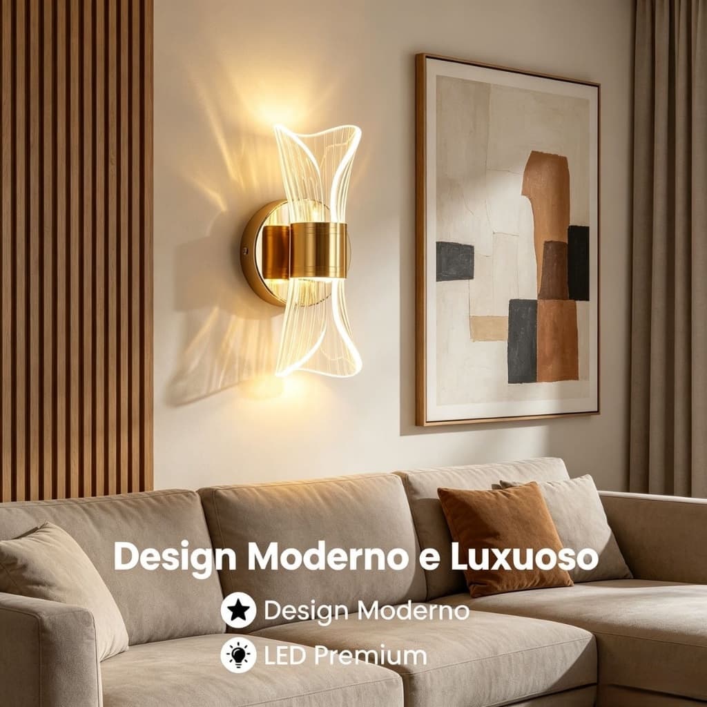 Arandela de Parede LED Dourada Luxuosa Forma Vaso Acrílica Luz Suave Bivolt Quarto Sala Corredor