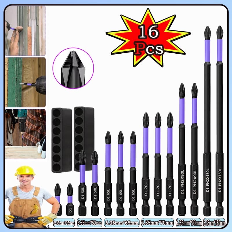 16 Pcs Chaves Bit PH2 Magnética Chave De Fenda Broca Auto Impacto Antiderrapante