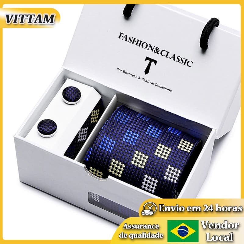 VITTAM Gravata masculina caixa de presente conjunto de 5 peças gravata de grupo Formal de negócios gravata de ca