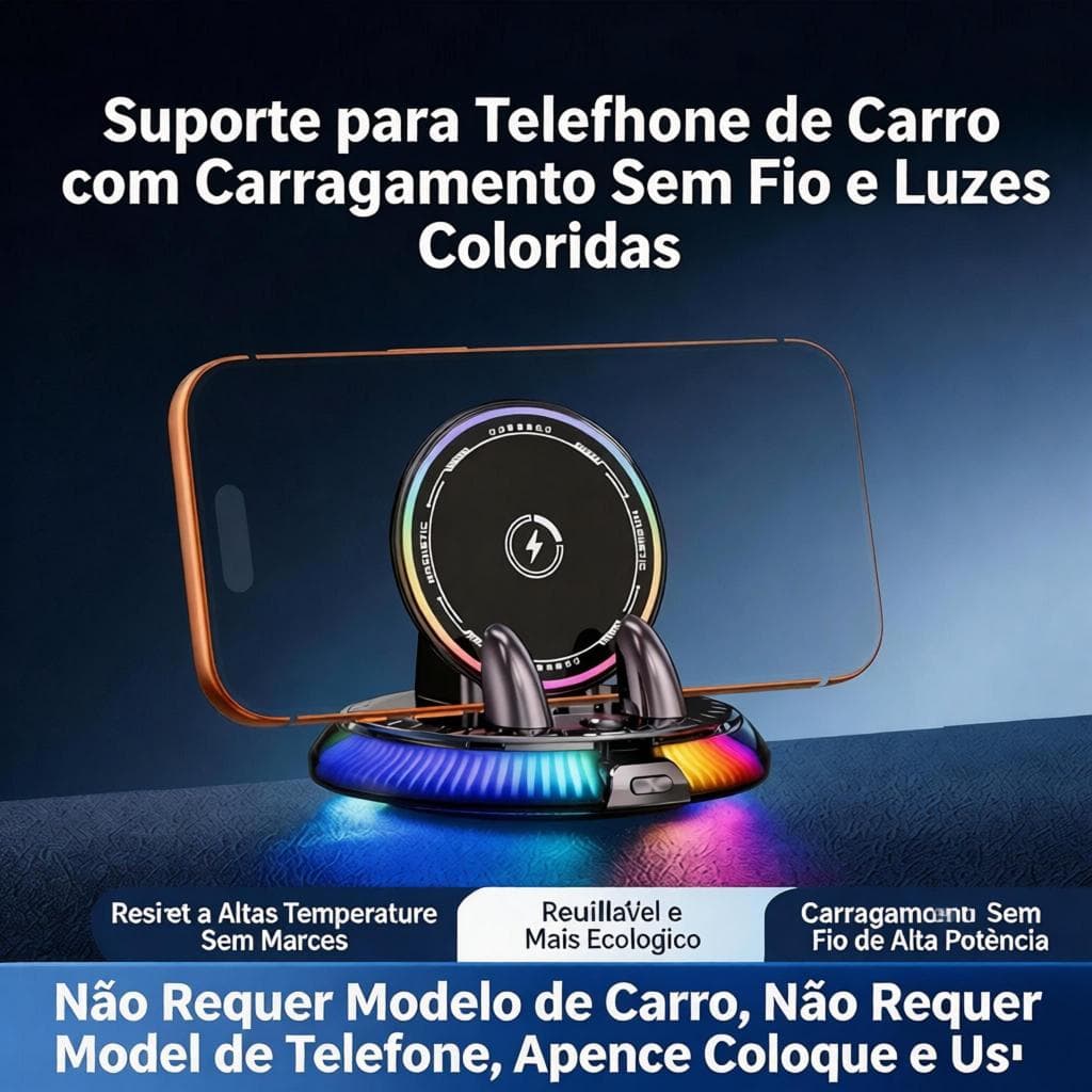 Suporte Veicular Com Carregamento Sem Fio RGB Colorido, Fixação Sem Marcas Sem Danificar O Interior Do Veículo