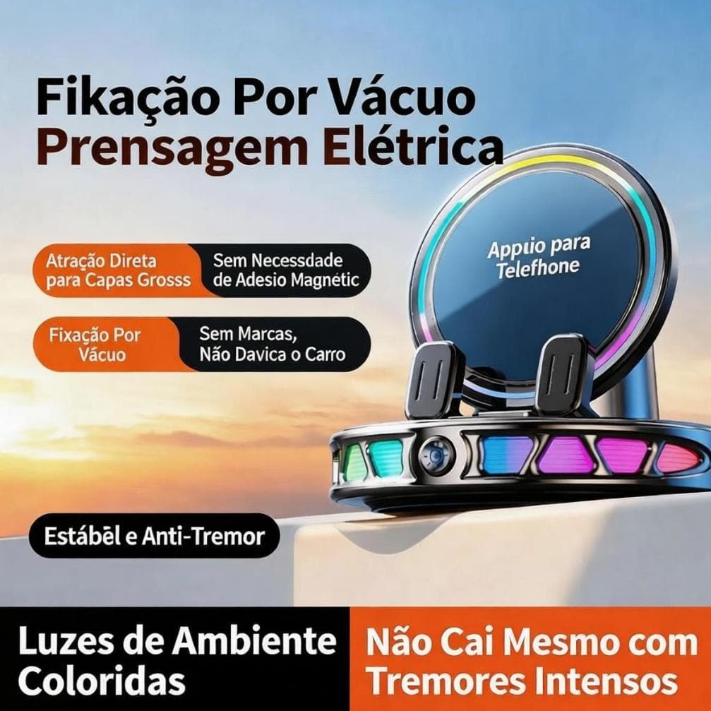 Suporte magnético elétrico para telefone com luz ambiente RGB para carro Suporte de navegação para painel de carregament