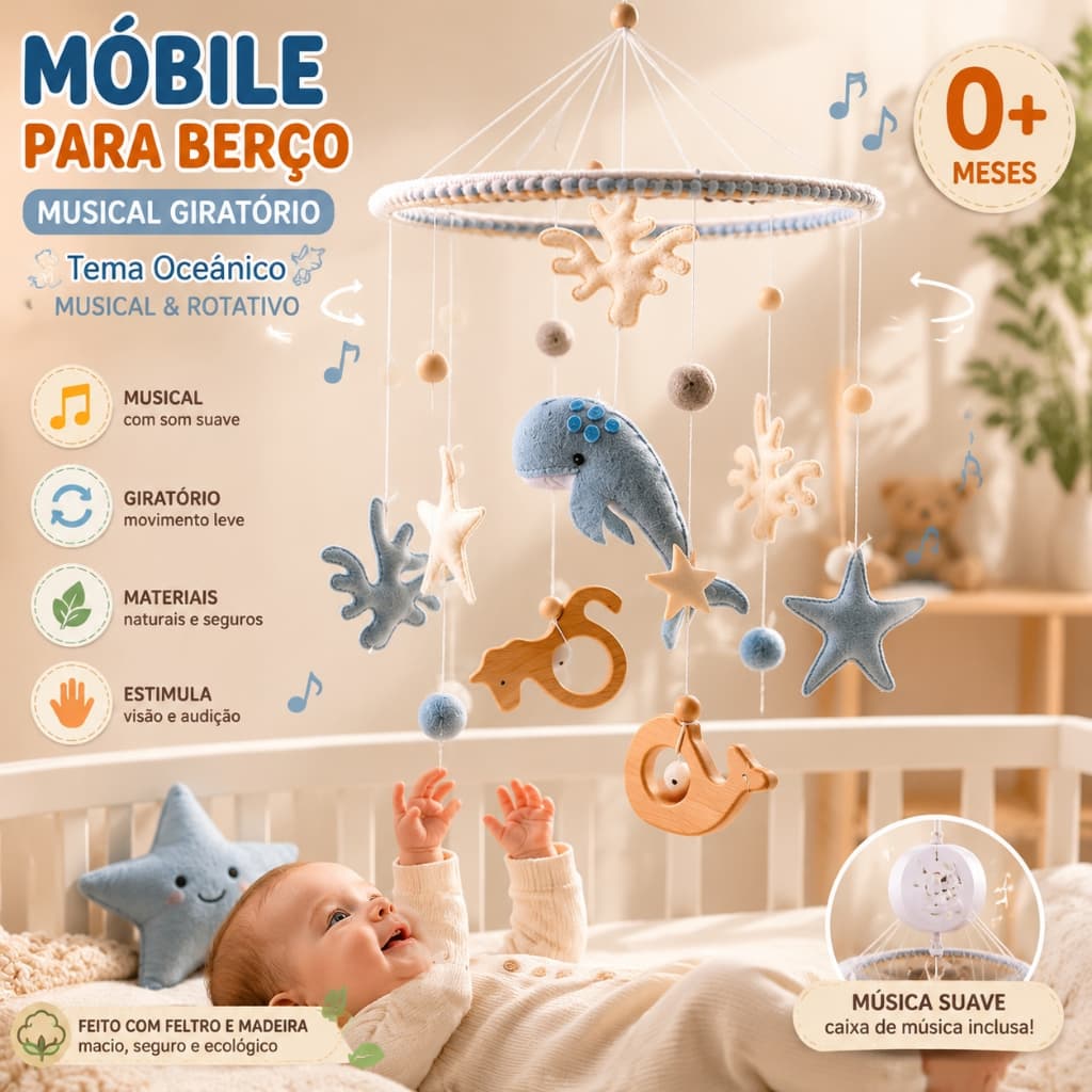 Móbile para Berço Musical Giratório Baleia Fundo do Mar Montessori Decoração Bebê Envio Imediato
