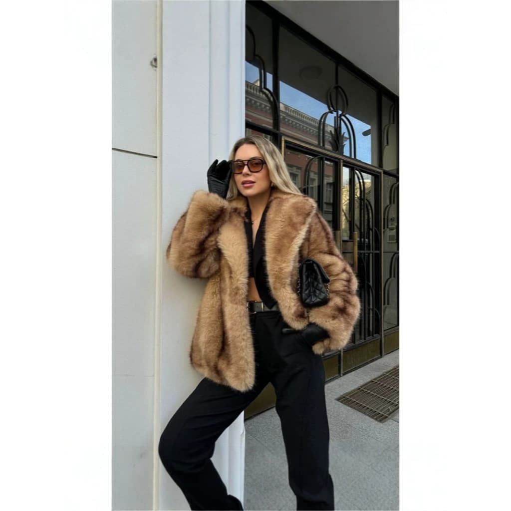 T na moda europeu americano outono inverno novo estilo jaqueta de pele de comprimento médio feminino topo quente lapela