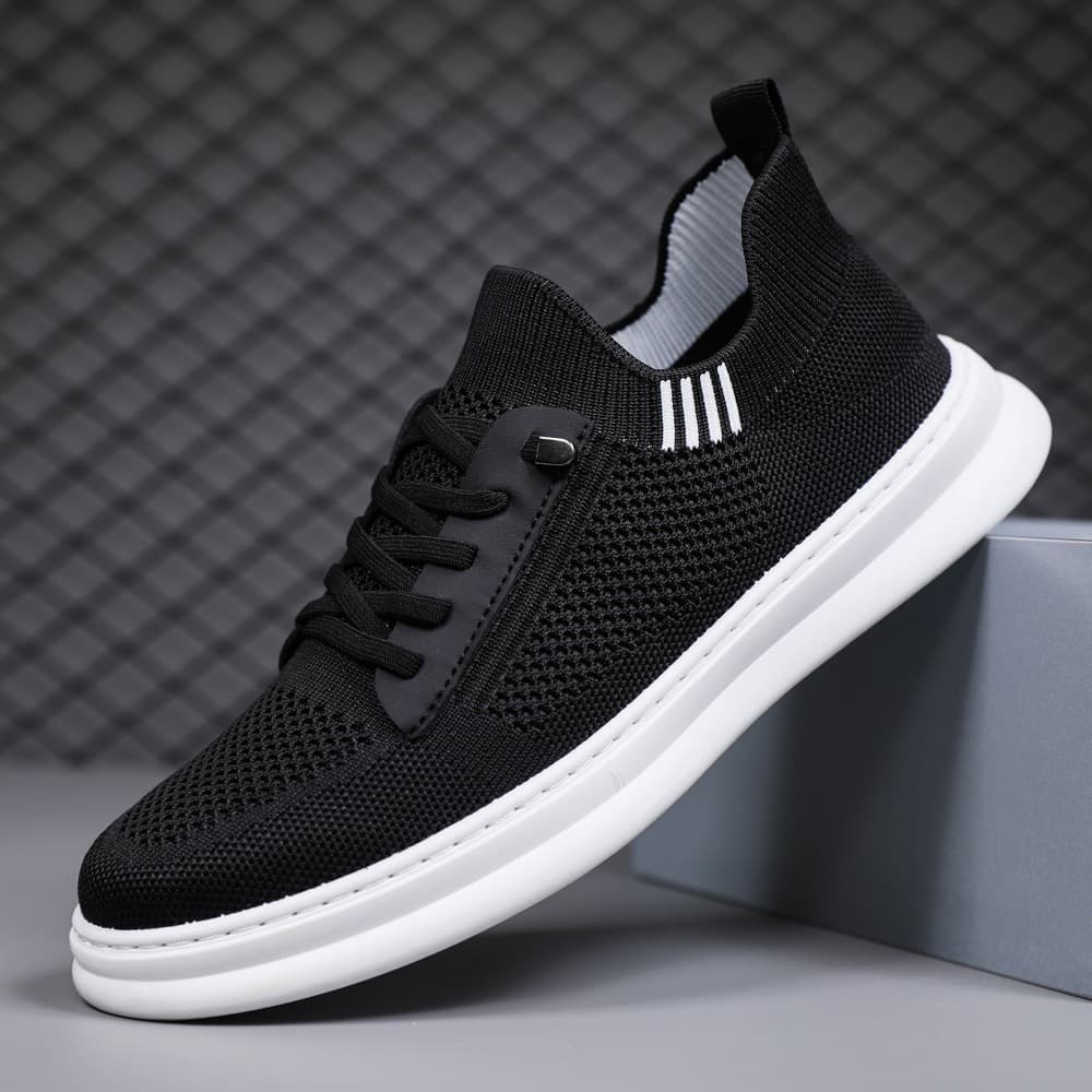 Tênis masculino preto voando tecido malha respirável de um Pedal moda antiderrapante sapatos casuais de sola macia