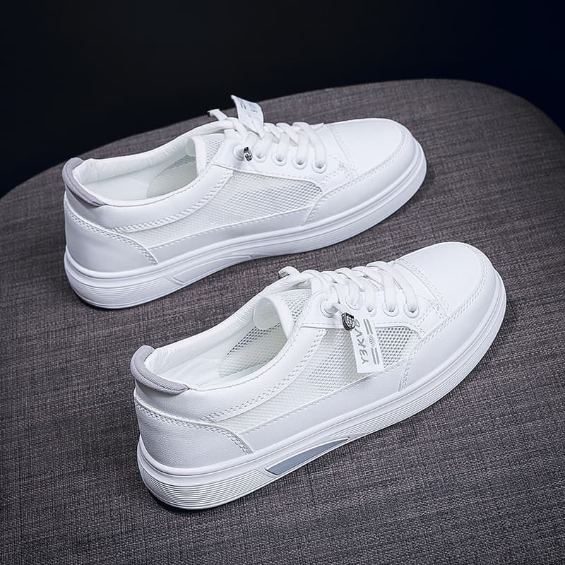 Sapatos casuais respiráveis de malha feminina cinza branca