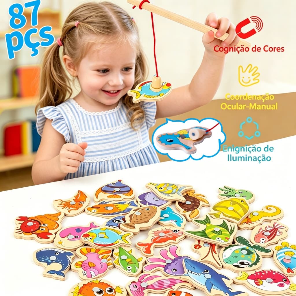 33/54/87 Pçs Brinquedos Pescaria Magnéticos infantil De Madeira De Jogos Educacionais Para Crianças Montessori