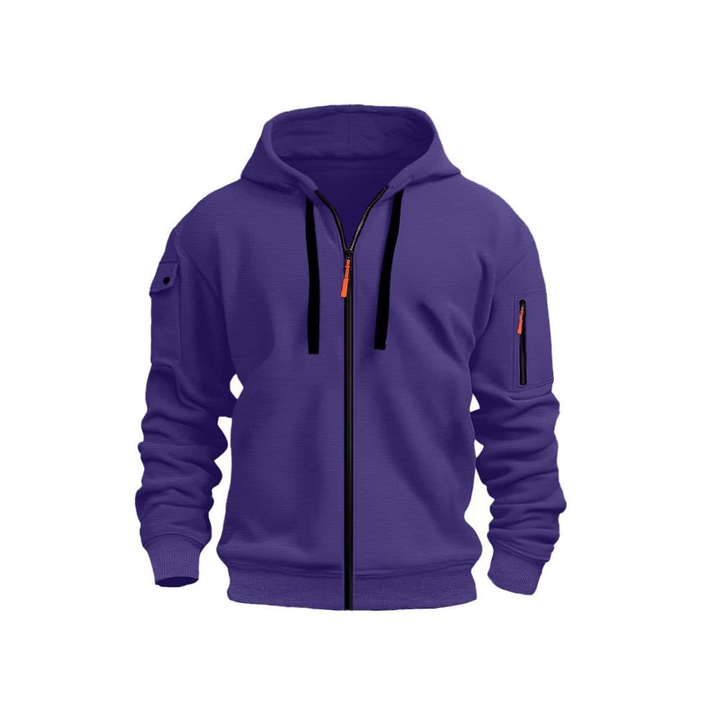 Moletom masculino roxo poliéster com capuz e zíper cardigã com vários bolsos moletom Casual