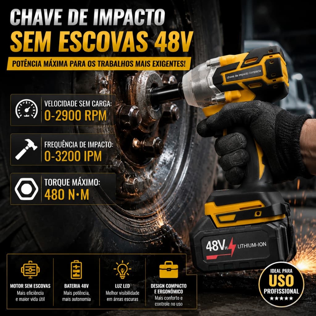 Chave De Impacto Sem Fio 48V – Conjunto Profissional , Inclui Duas Baterias E Caixa De Ferramentas