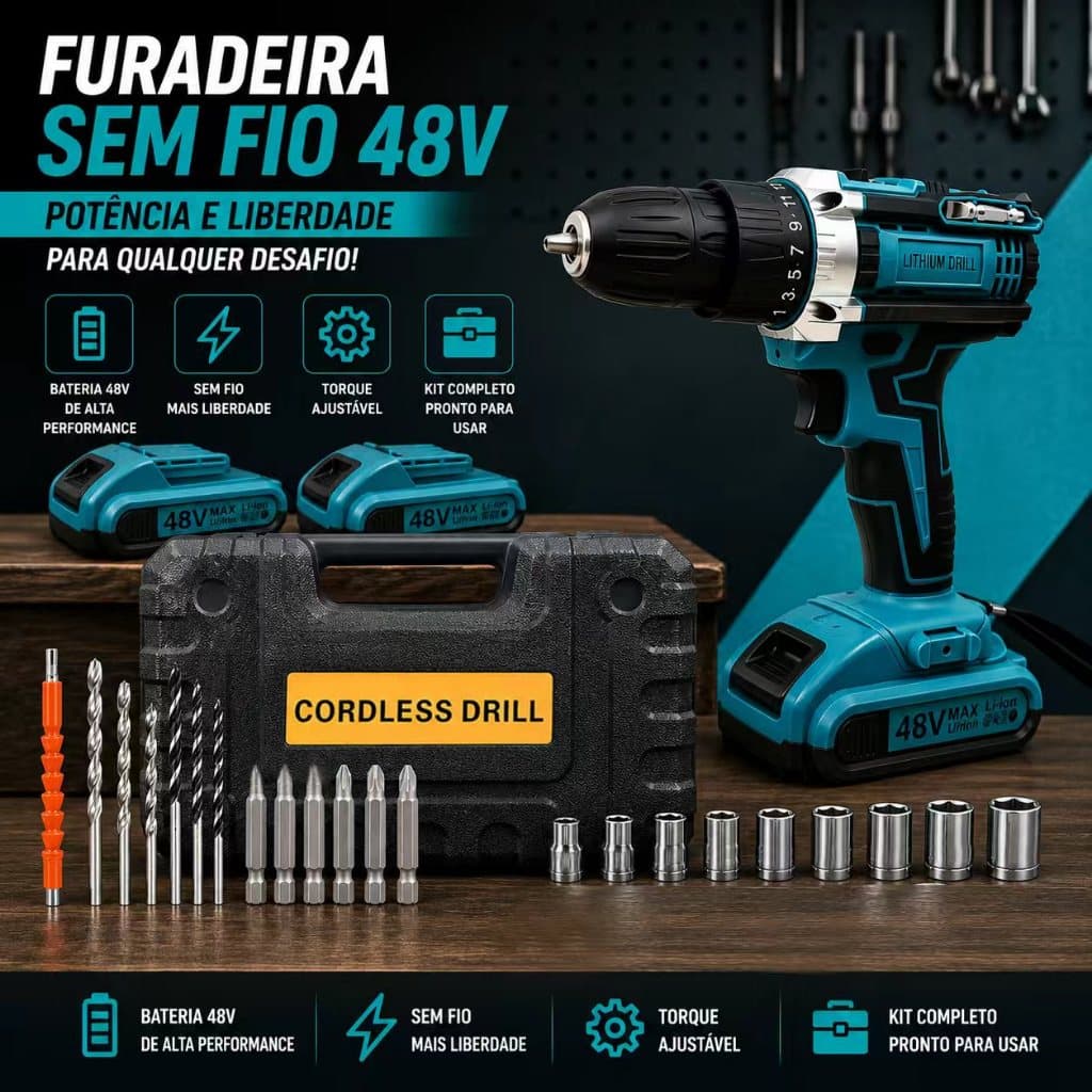 Parafusadeira Furadeira Sem Fio 48V, Kit com 2 Baterias, Carregador Bivolt 110/220V e Maleta de Transporte